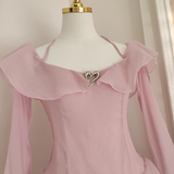 A Line Halter Ruffles Pink Vacation Dresses Short Chiffon Birthday Outfits SD342