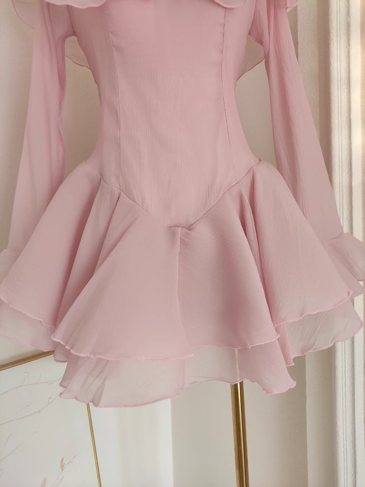 A Line Halter Ruffles Pink Vacation Dresses Short Chiffon Birthday Outfits SD342