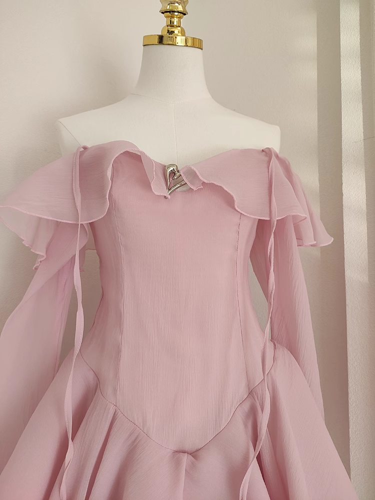 A Line Halter Ruffles Pink Vacation Dresses Short Chiffon Birthday Outfits SD342