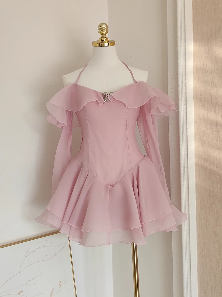 A Line Halter Ruffles Pink Vacation Dresses Short Chiffon Birthday Outfits SD342