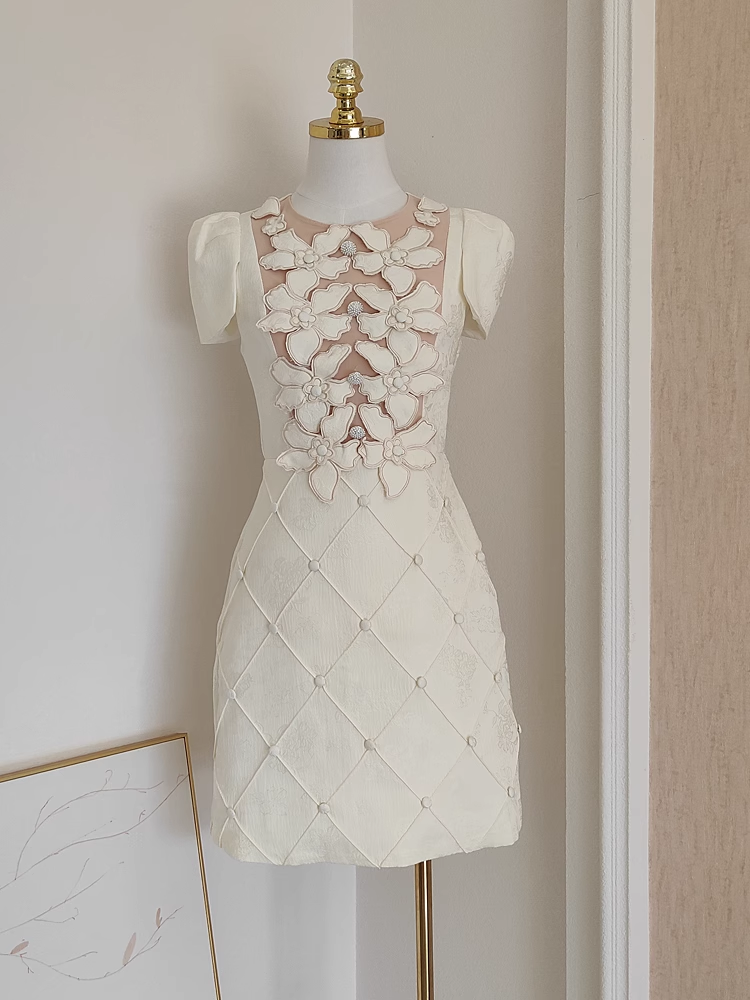 A line Boat Short Sleeves Satin White Party Dress Short Holiday Dresses SD347