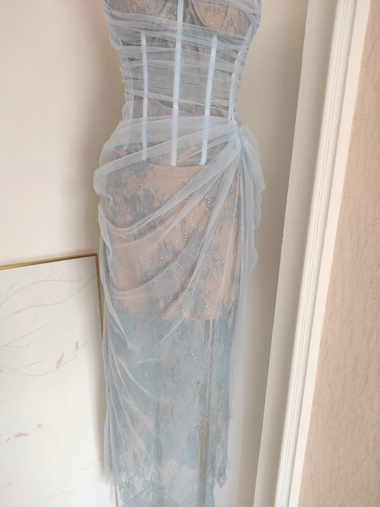 Sheath One Shoulder Light Sky Blue Tulle Lace Dinner Party Dresses Birthday Outfits SD386