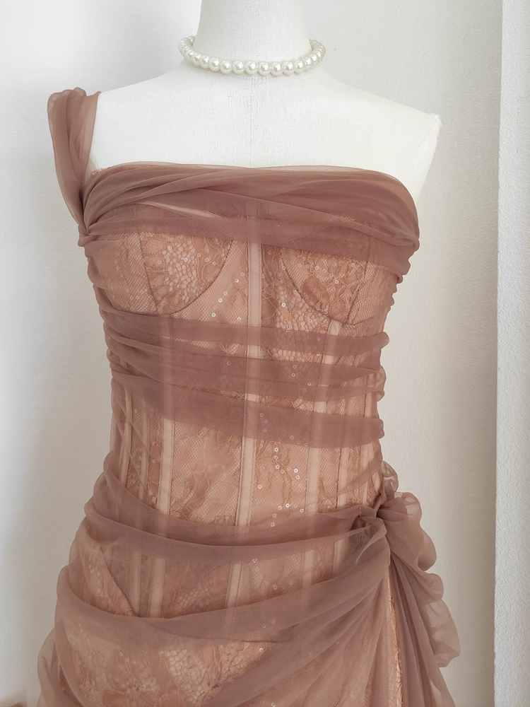 Sheath One Shoulder Brown Tulle Lace Dinner Party Dresses Birthday Outfits SD387