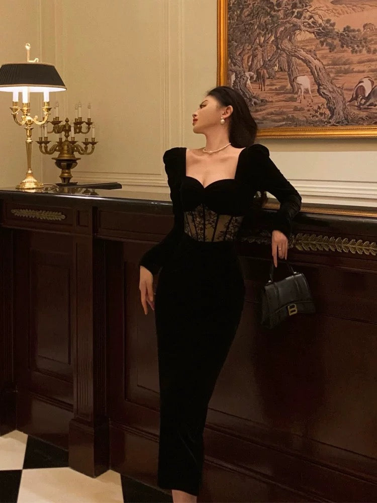 Sheath Sweetheart Velvet Black Long Sleeves Prom Dresses Evening Dress SD415