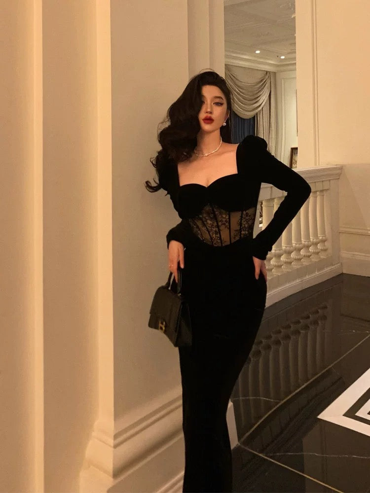 Sheath Sweetheart Velvet Black Long Sleeves Prom Dresses Evening Dress SD415