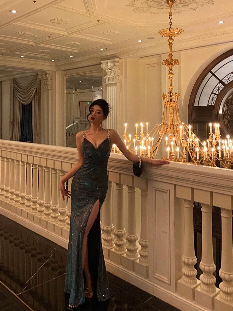 Sheath Straps Sequin Blue Slit Long Prom Dresses Evening Dress SD420