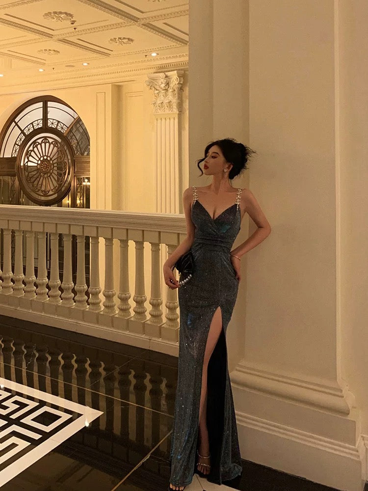 Sheath Straps Sequin Blue Slit Long Prom Dresses Evening Dress SD420