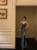 Sheath Straps Sequin Blue Slit Long Prom Dresses Evening Dress SD420