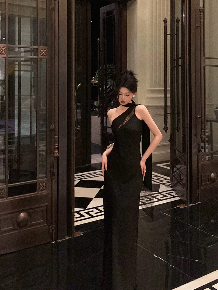 A Line One Shoulder Black Floor Length Prom Dresses Birthday Dress SD427