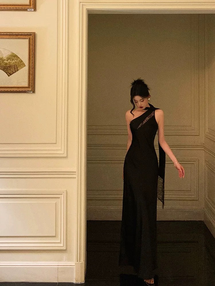 A Line One Shoulder Black Floor Length Prom Dresses Birthday Dress SD427