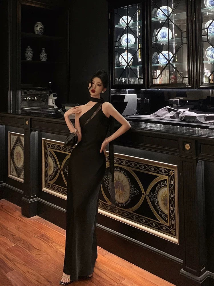 A Line One Shoulder Black Floor Length Prom Dresses Birthday Dress SD427