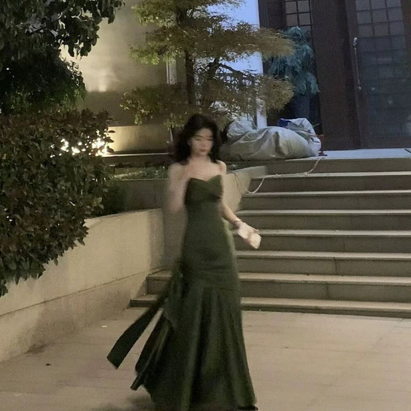 Sheath Spaghetti Straps Floor Length Olive Green Satin Party Dresses Birthday Outfits SD432