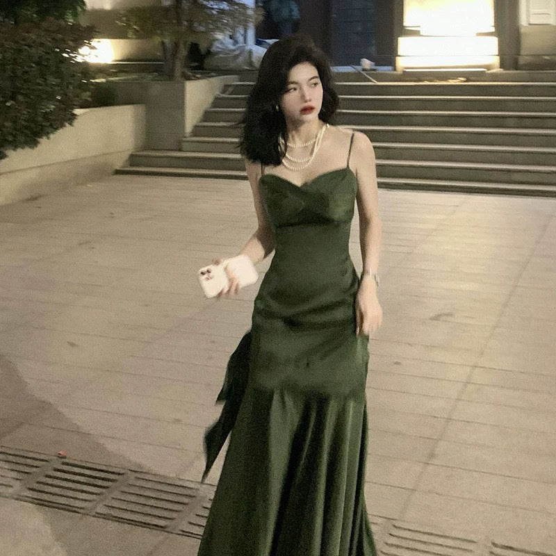 Sheath Spaghetti Straps Floor Length Olive Green Satin Party Dresses Birthday Outfits SD432