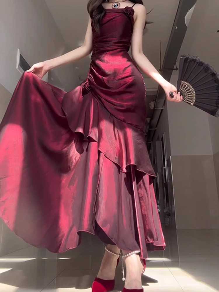 Sheath Spaghetti Straps Burgundy Long Party Dresses Birthday Outfits SD434