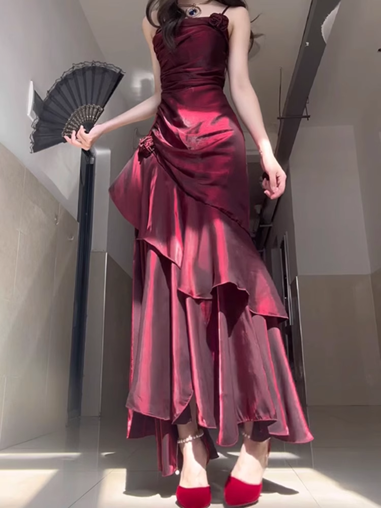 Sheath Spaghetti Straps Burgundy Long Party Dresses Birthday Outfits SD434