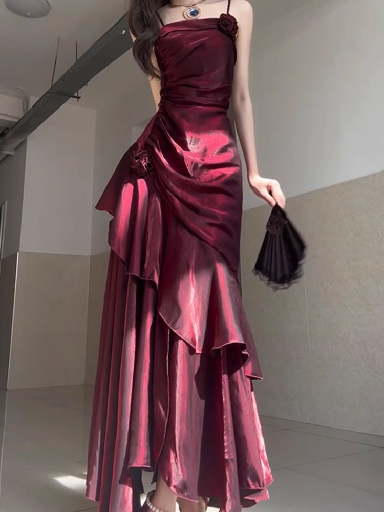 Sheath Spaghetti Straps Burgundy Long Party Dresses Birthday Outfits SD434