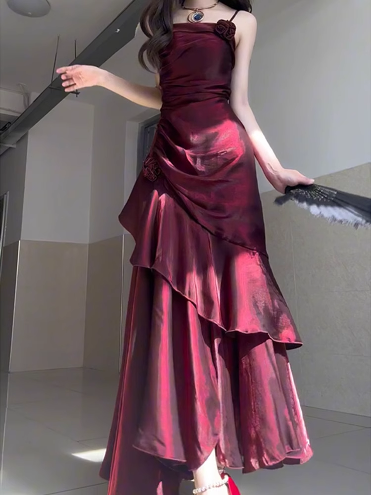 Sheath Spaghetti Straps Burgundy Long Party Dresses Birthday Outfits SD434