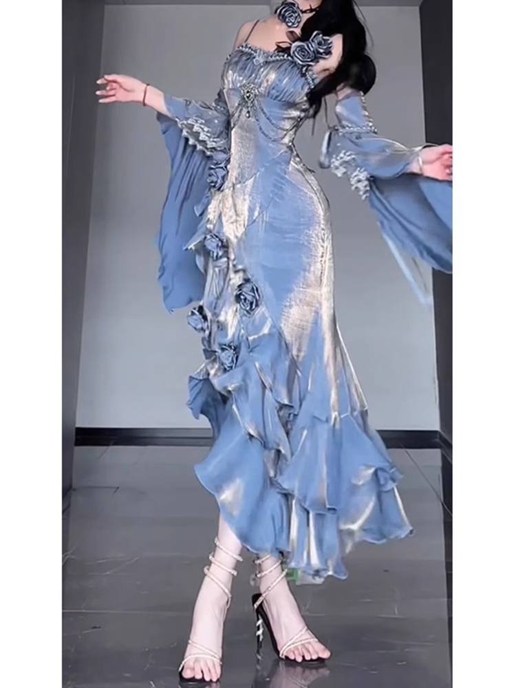 Sheath Spaghetti Straps Blue Long Party Dresses Birthday Outfits SD435