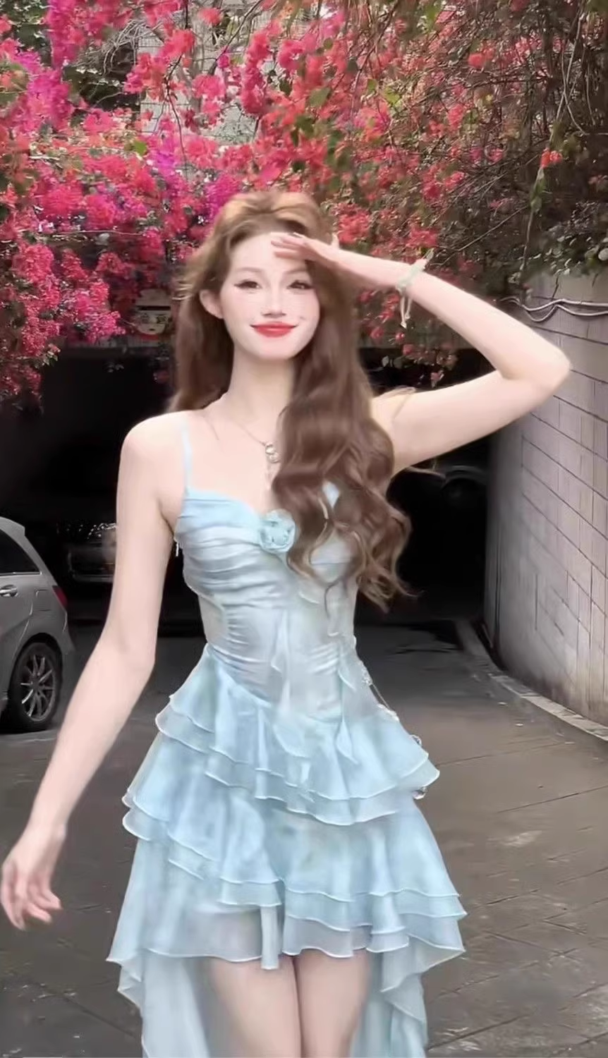 Sheath Spaghetti Straps Light Blue Ruffles Party Beach Dresses Birthday Outfits SD557