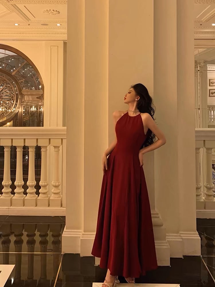 A Line Boat Neckline Sleeveless Burgundy Ankle Length Prom Dresses Birthday Outfits SD632