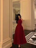 A Line Boat Neckline Sleeveless Burgundy Ankle Length Prom Dresses Birthday Outfits SD632