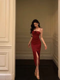 Sheath Spaghetti Straps Red Sleeveless Slit Tea Length Party Dresses Birthday Outfits SD674