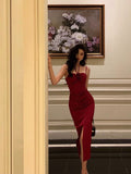 Sheath Spaghetti Straps Red Sleeveless Slit Tea Length Party Dresses Birthday Outfits SD674
