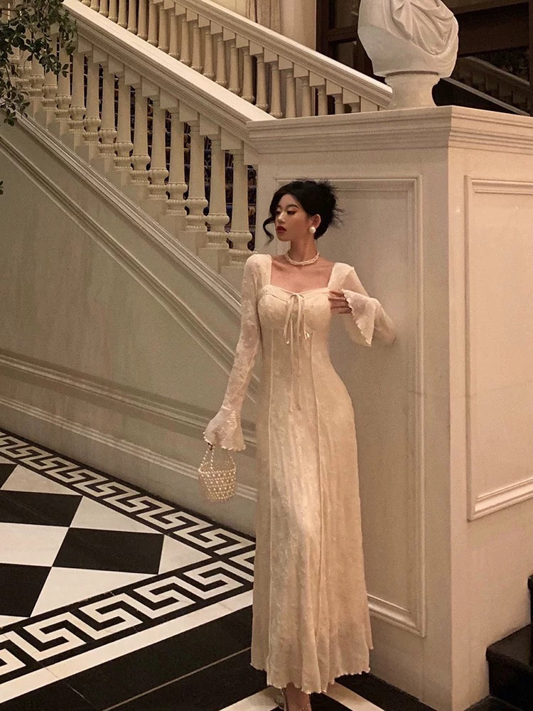 A line Long Sleeves White Lace Date Night Dress Prom Dresses Birthday Outfits SD688