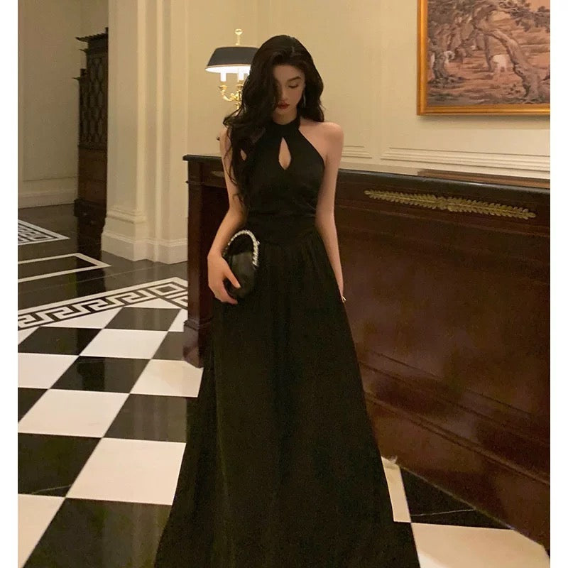 A Line Halter Sleeveless Black Prom Dresses Birthday Outfits SD711