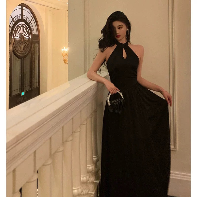 A Line Halter Sleeveless Black Prom Dresses Birthday Outfits SD711