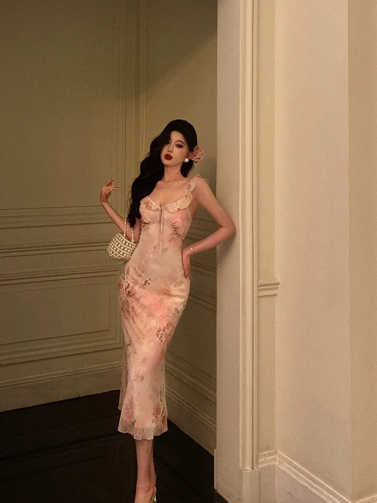 Sheath V Neckline Date Night Dress Floral Pink Prom Dresses Party Dress Birthday Outfits SD788