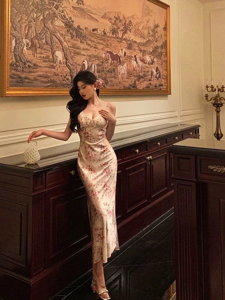 Sheath Spaghetti Straps Pink Floral Prom Dresses Birthday Outfits Evening Gown SD792