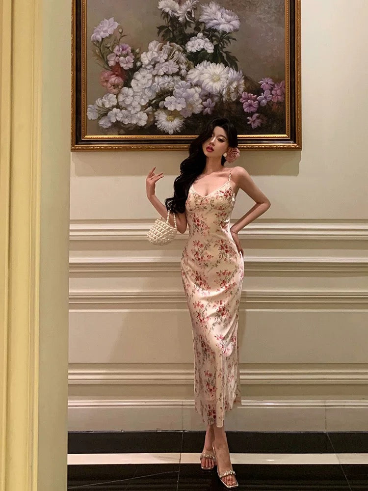 Sheath Spaghetti Straps Pink Floral Prom Dresses Birthday Outfits Evening Gown SD792