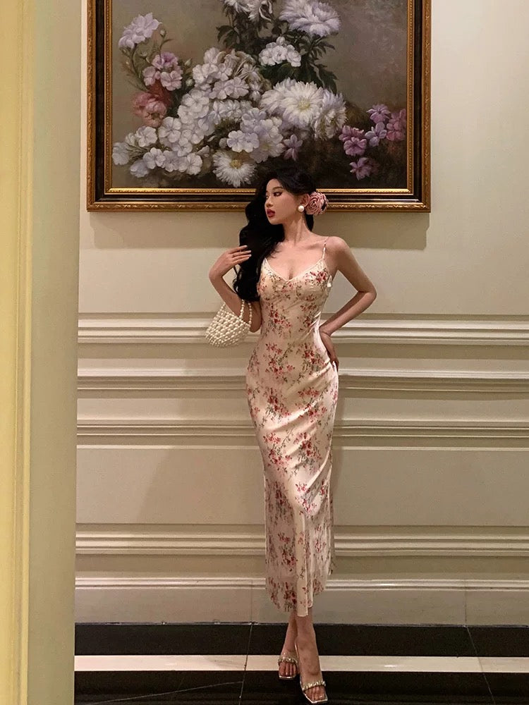 Sheath Spaghetti Straps Pink Floral Prom Dresses Birthday Outfits Evening Gown SD792