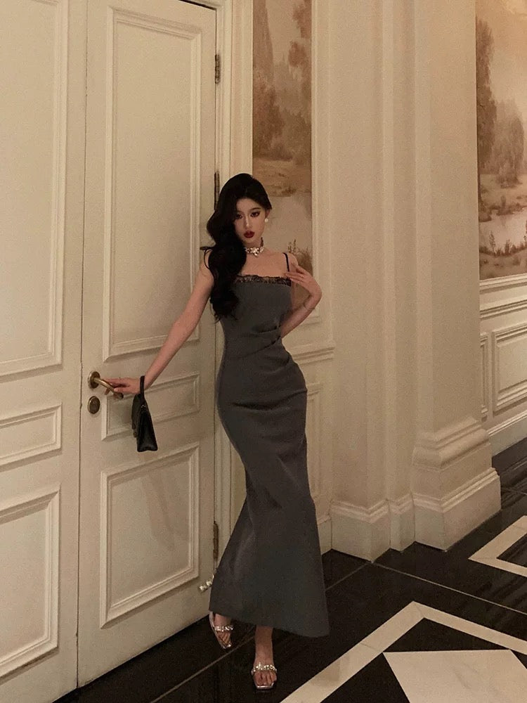 Sheath Spaghetti Straps Pleated Gray Prom Dresses Birthday Outfits Evening Gown SD805