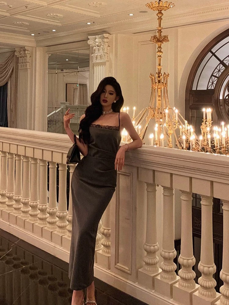 Sheath Spaghetti Straps Pleated Gray Prom Dresses Birthday Outfits Evening Gown SD805