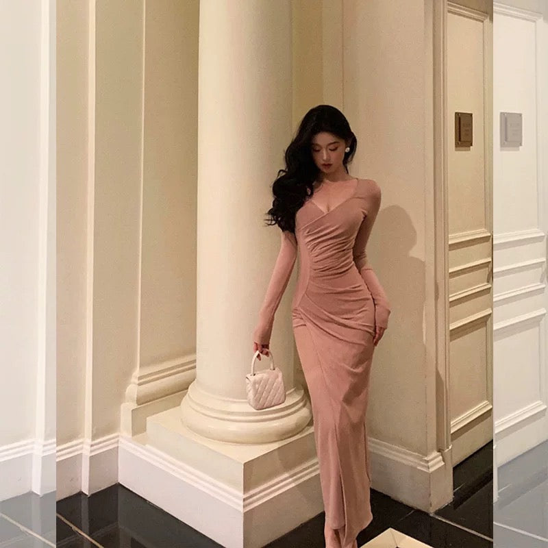 Sheath V Neckline Long Sleeves Pink Prom Dresses Birthday Outfits Evening Gown SD811