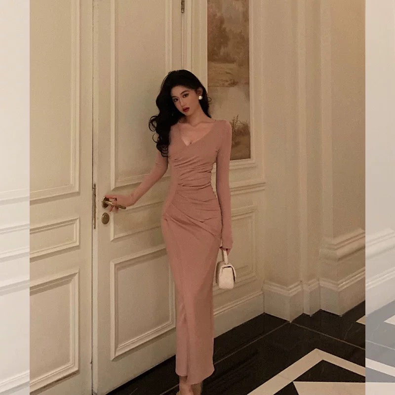 Sheath V Neckline Long Sleeves Pink Prom Dresses Birthday Outfits Evening Gown SD811