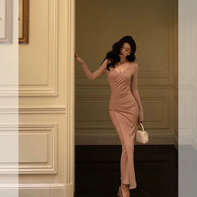 Sheath V Neckline Long Sleeves Pink Prom Dresses Birthday Outfits Evening Gown SD811