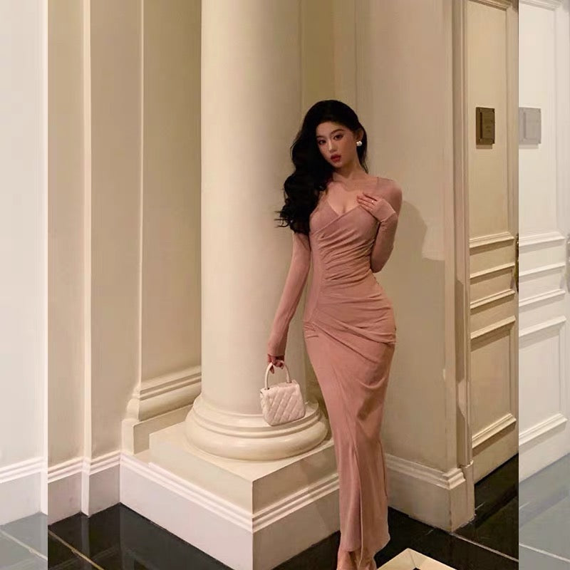 Sheath V Neckline Long Sleeves Pink Prom Dresses Birthday Outfits Evening Gown SD811