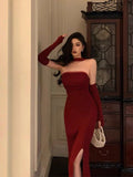 Sheath Strapless Burgundy Date Night Dress Tulle Prom Dresses With Gloves Party Dress Birthday Outfits SD813