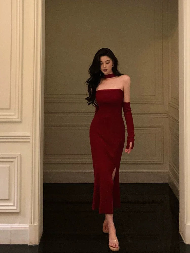 Sheath Strapless Burgundy Date Night Dress Tulle Prom Dresses With Gloves Party Dress Birthday Outfits SD813