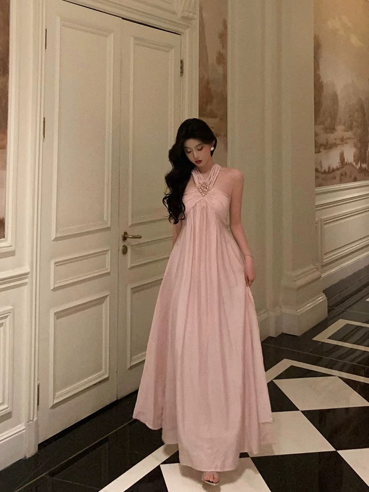 A Line Halter Neckline Long Date Night Dress Pink Prom Dresses Birthday Outfit SD817