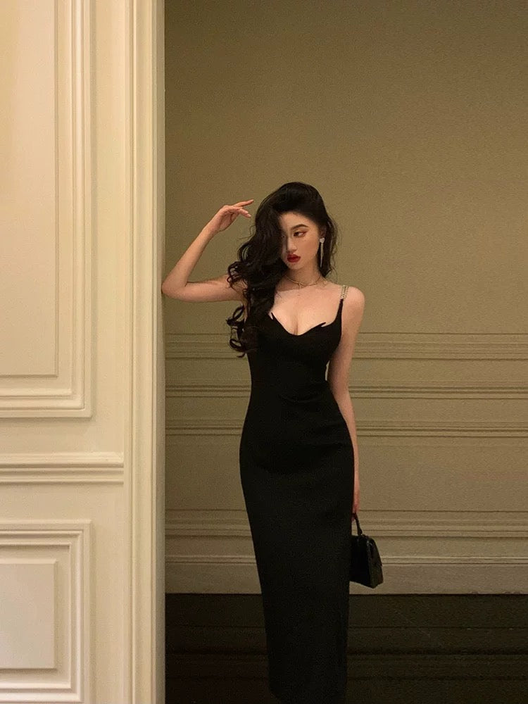 Sheath Spaghetti Straps Black Date Night Dress Prom Dresses Party Dress Birthday Outfits SD829