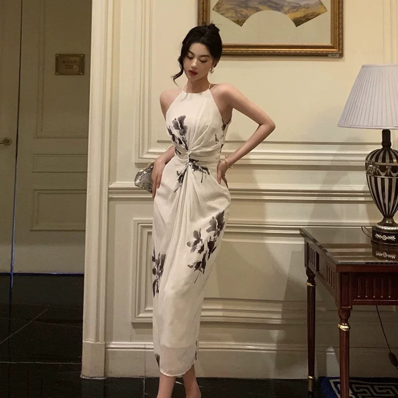 A Line Halter White Chiffon Date Night Dress Prom Dresses Birthday Outfit SD850