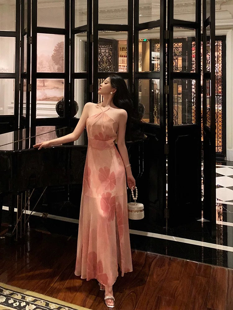 A line Halter Sleeveless Pink Floral Date Night Dress Prom Dresses Birthday Party Outfit SD854