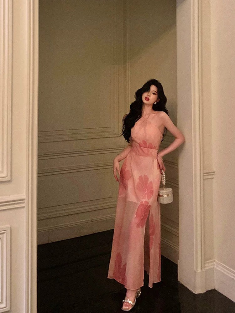 A line Halter Sleeveless Pink Floral Date Night Dress Prom Dresses Birthday Party Outfit SD854