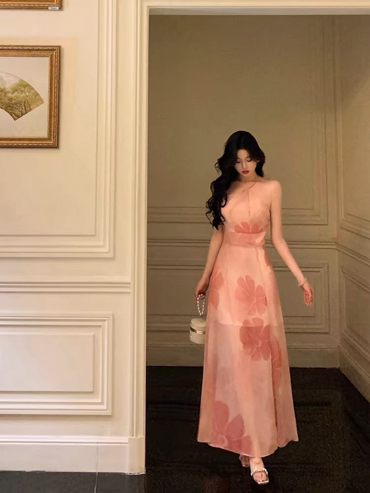 A line Halter Sleeveless Pink Floral Date Night Dress Prom Dresses Birthday Party Outfit SD854