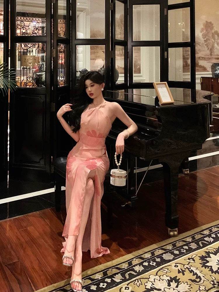 A line Halter Sleeveless Pink Floral Date Night Dress Prom Dresses Birthday Party Outfit SD854