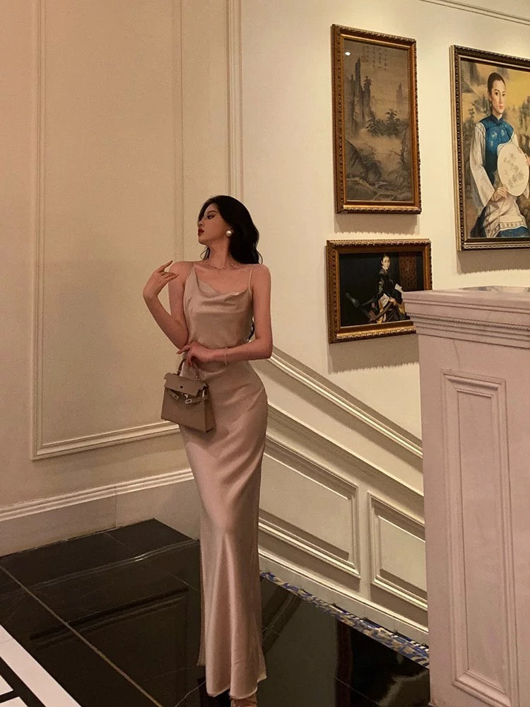 Sheath Straps Satin Champagne Prom Dresses Birthday Outfits Evening Gown SD869